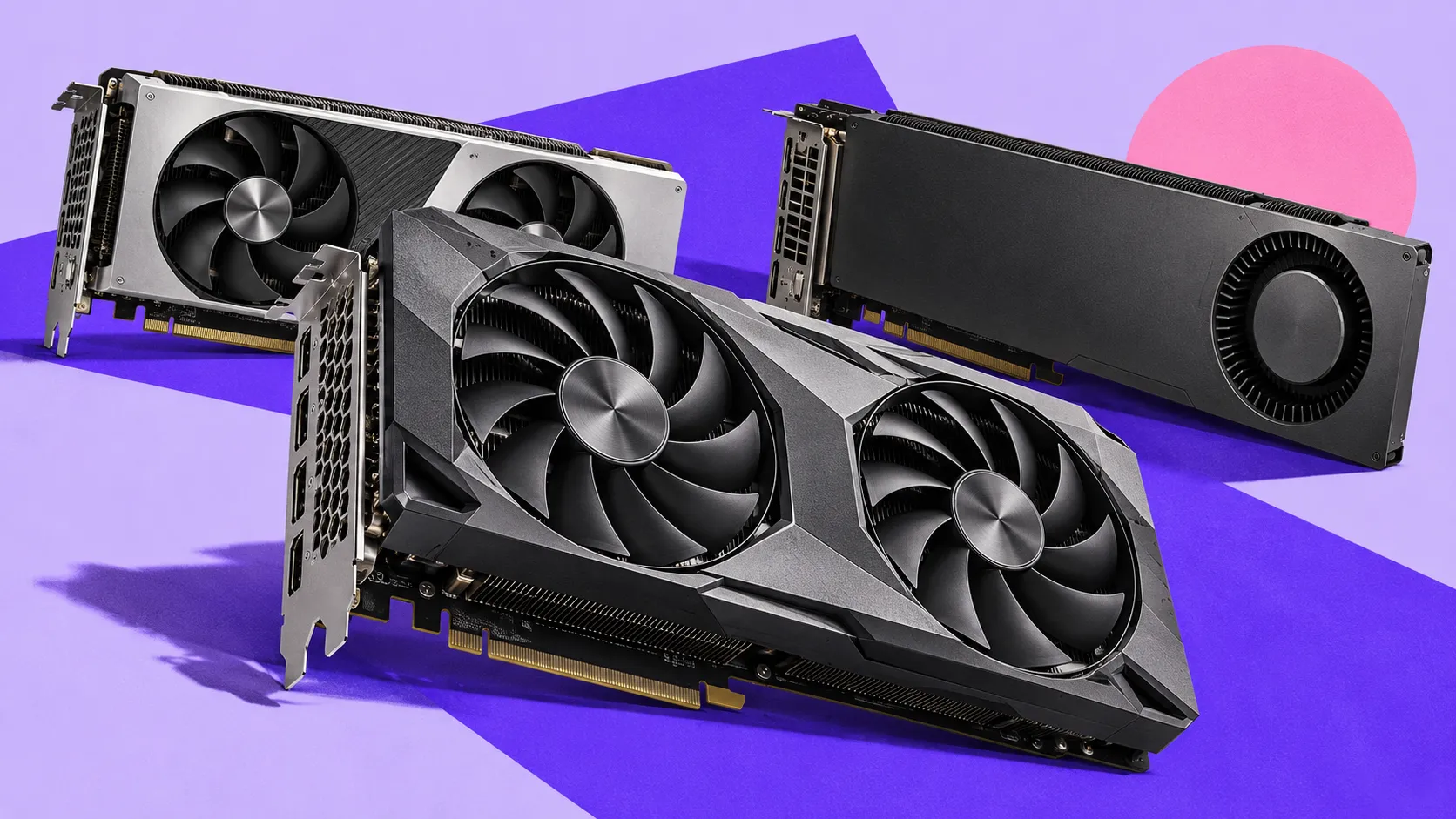 Editorial illustration of three graphics cards on a purple and lavender background