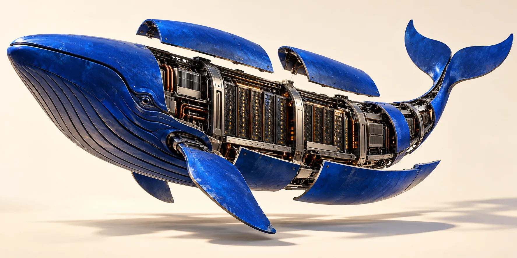 A cobalt-blue whale with its outer panels lifted to reveal rows of server hardware inside.